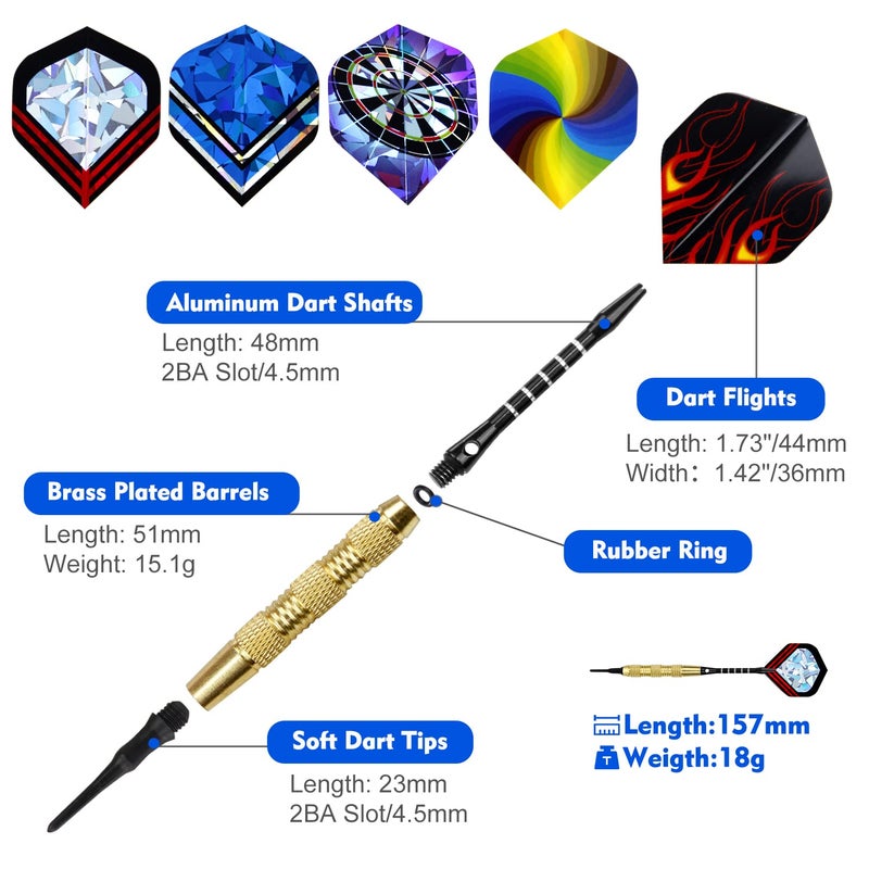 ROOBEEO Soft Tip Darts 12 Pcs 18g Plastic Tip Darts Set with Brass Steel Barrels&Aluminum Shafts,200 Extra Dart Tips 42 Dart Flights 20 Extra Rubber Rings and 1 Storage Bag for Electronic Dart Board - Image 2
